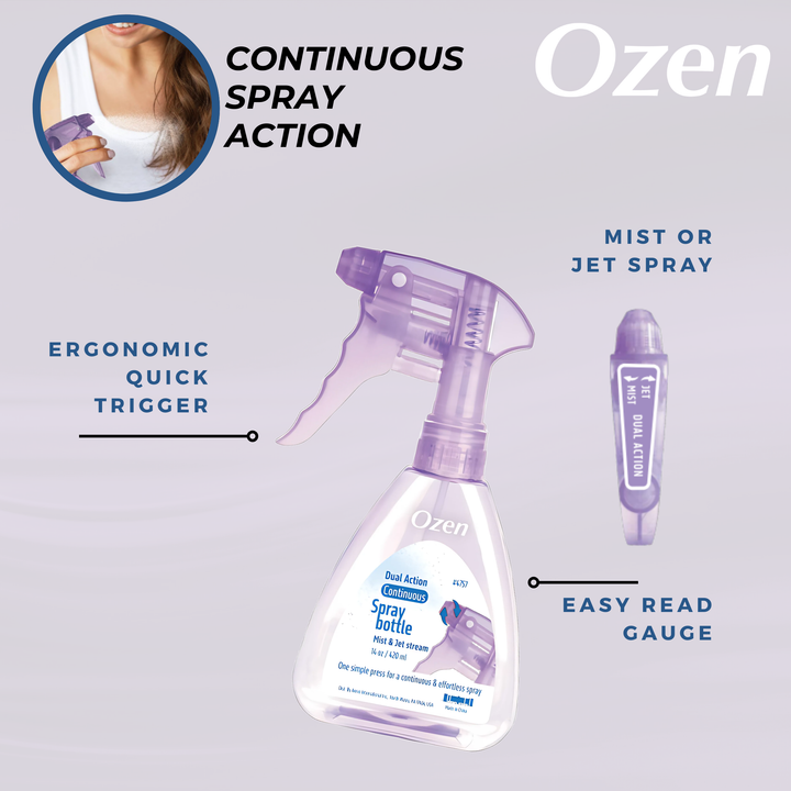Ozen Dual Action Continuous Spray Bottle 14oz, 1 Count, Lavender Transparent