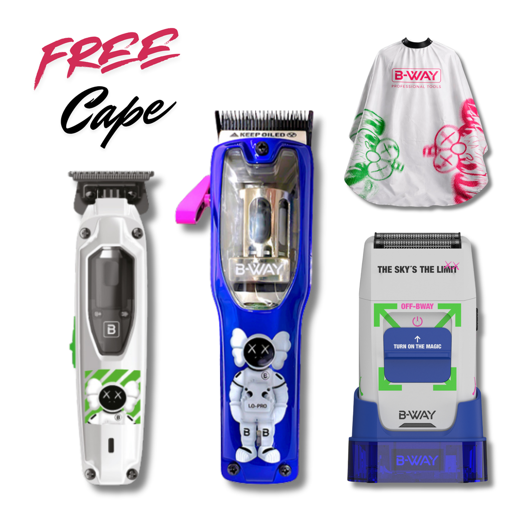 B-Way Lo-Pro X Brushless Clipper, T-Pro Brushless Trimmer &amp; OFF Shaver – Professional 3-in-1 Barber Set + FREE Barber Cape