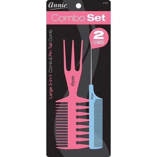 Annie Comb Combo Set, 2 Count Large 3-in-1 & Pin Tail Combs, Pink & Blue