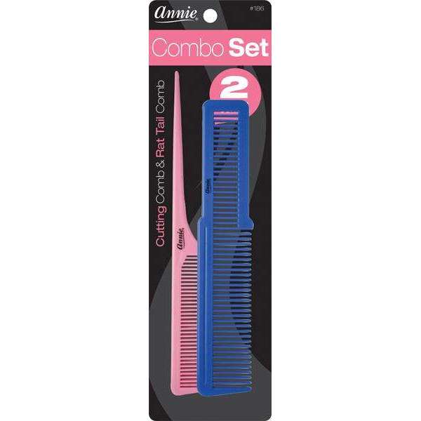 Annie Comb Combo Set, 2 Count Cutting & Rat Tail Combs, Pink & Blue