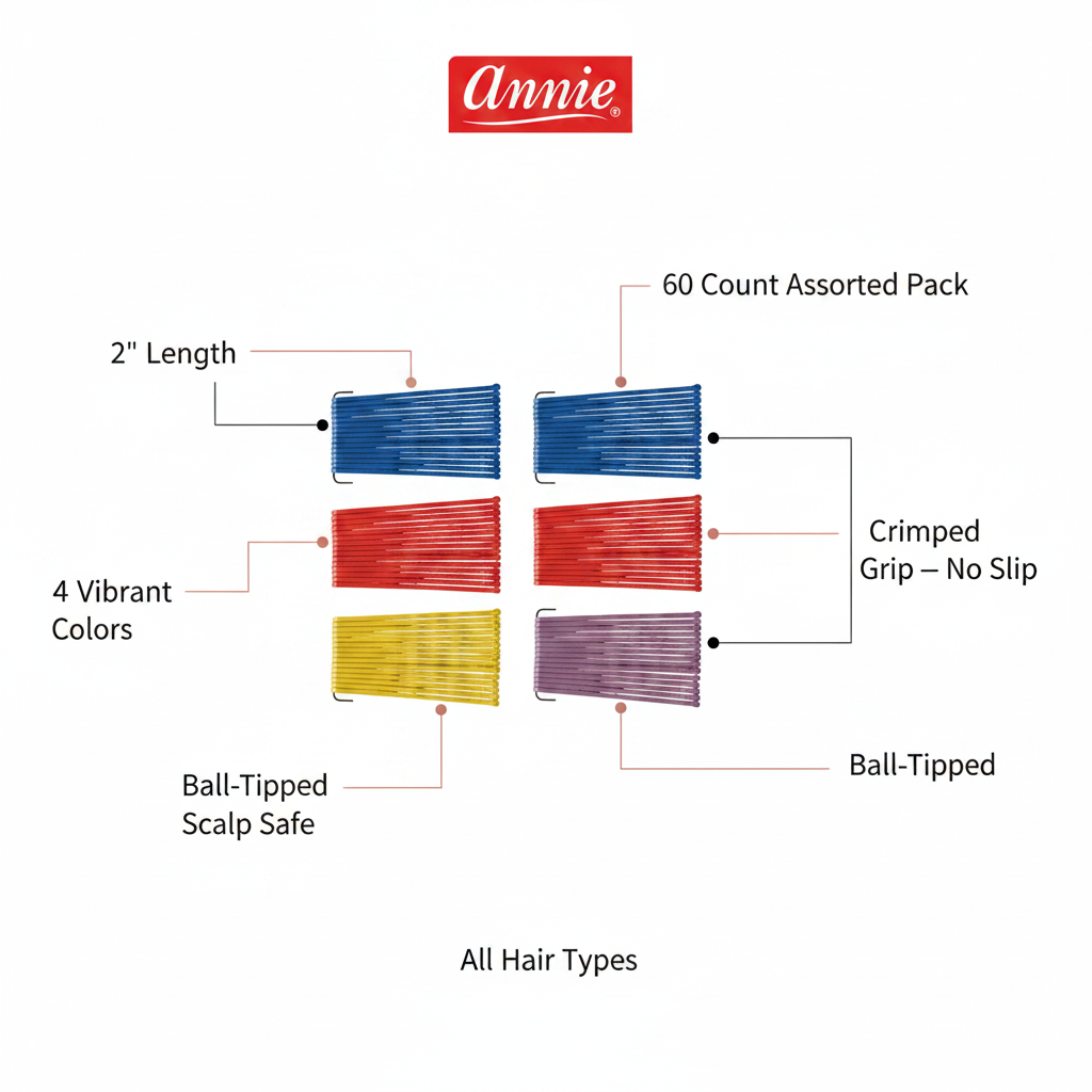 Annie Bob Pins Crimped 2 Inch, 60 Count, Assorted Color