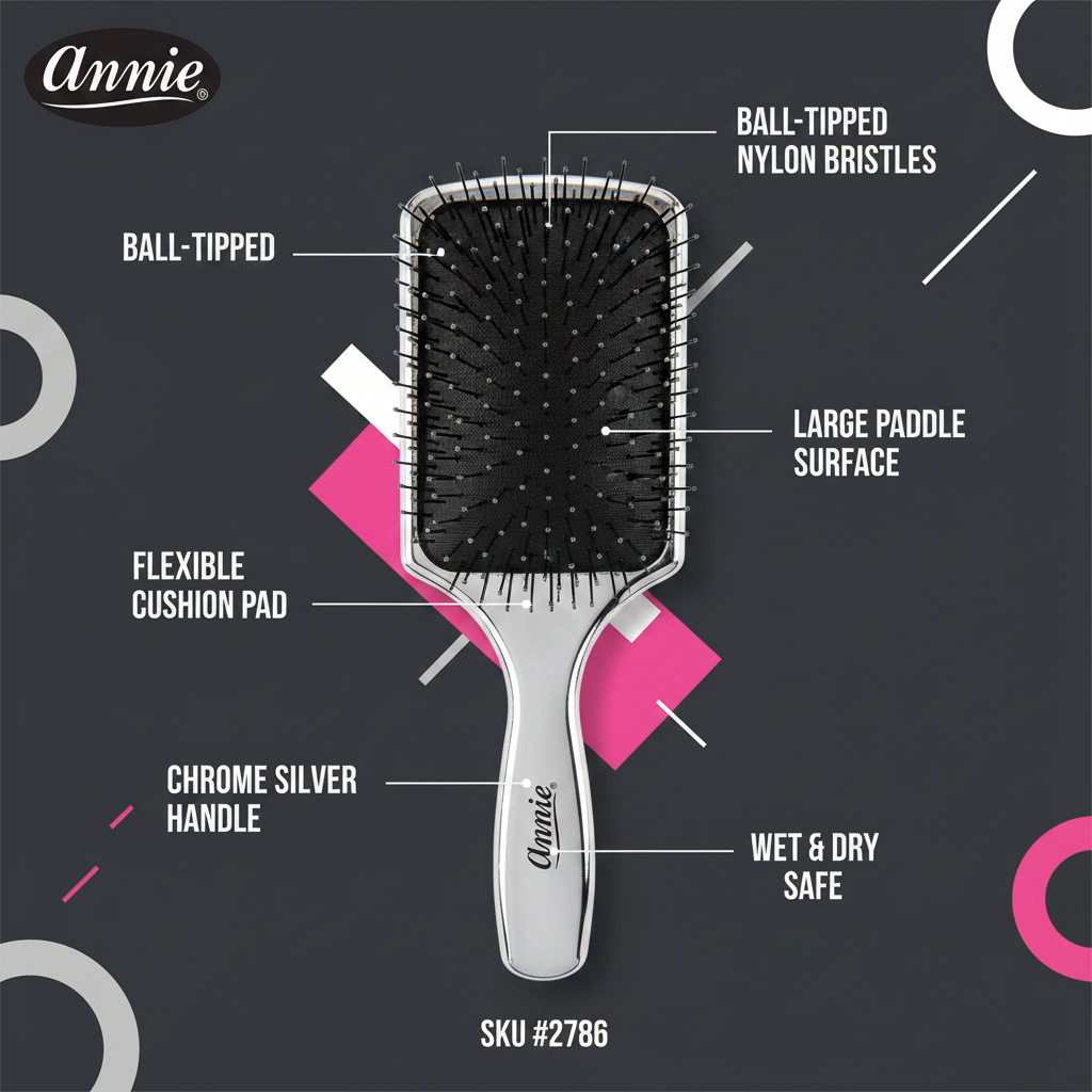 Annie Wet & Dry Cushion Paddle Brush Nylon Bristle, 1 Count, Silver