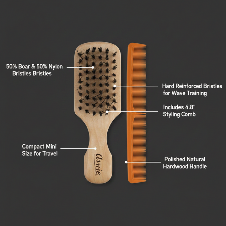 Annie Hard Mini Wooden Club Brush & Comb Set, Boar & Nylon Bristle, Light Brown