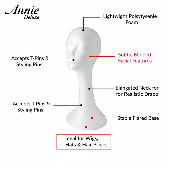 Annie Deluxe Foam Head Wig Display 19 Inch, 1 Count, White