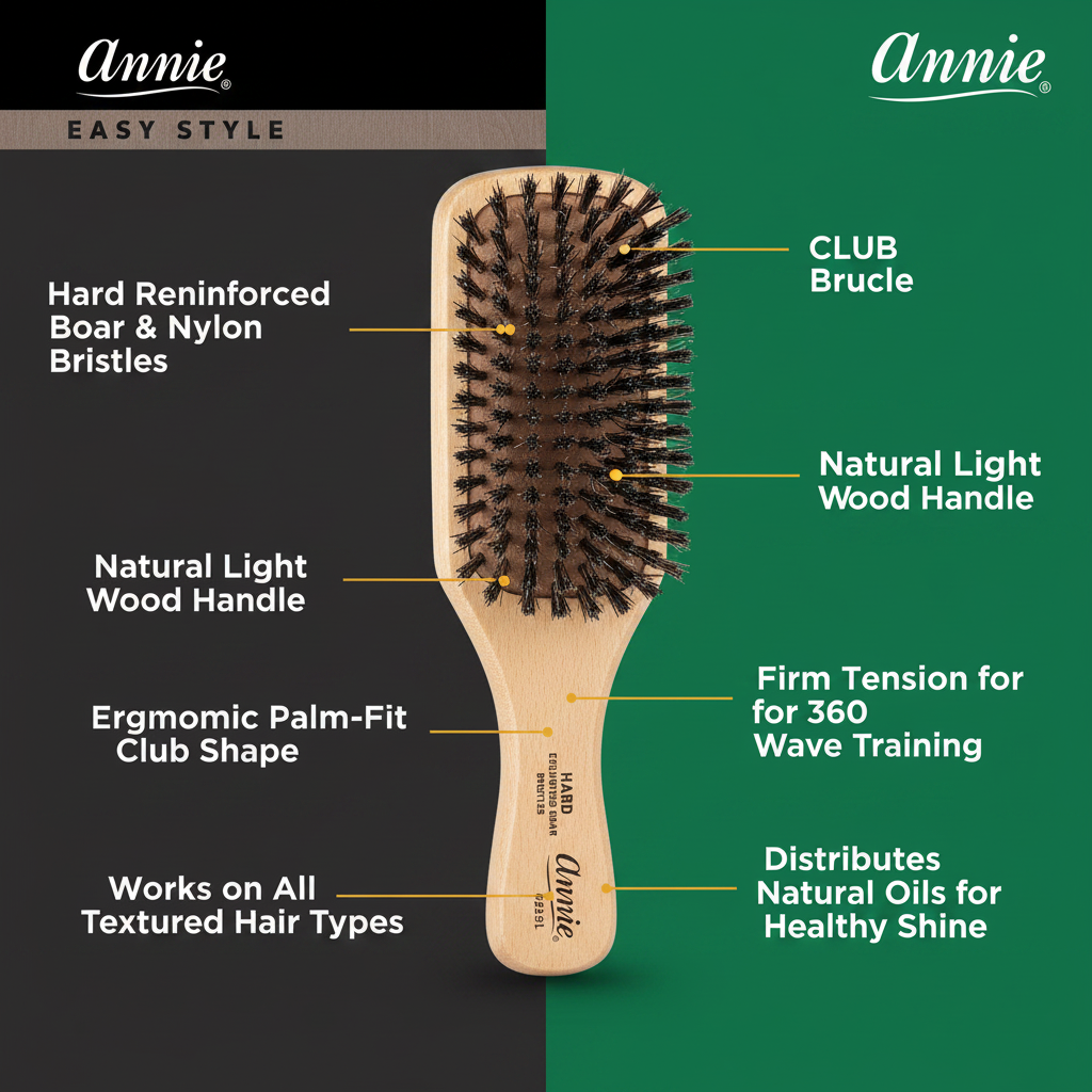 Annie Easy Style Hard Club Brush Boar & Nylon Bristle, 1 Count, Light Brown