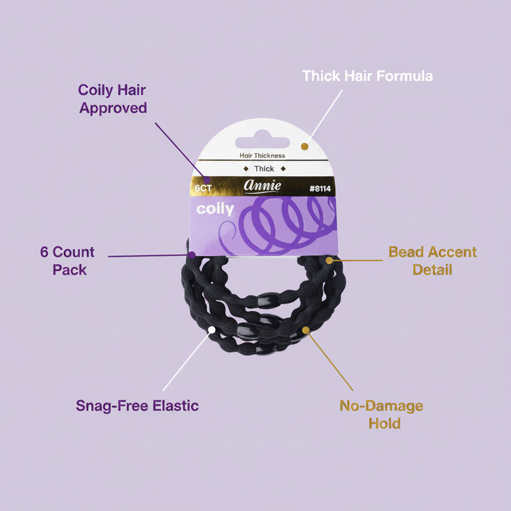 Annie Elastic Hair Ponytailers With Beads, 6 Count, Black