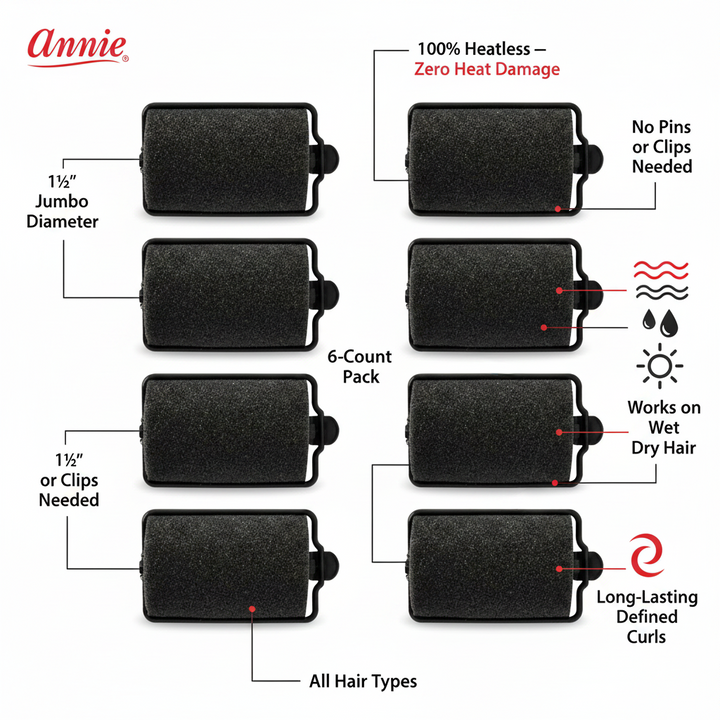 Annie Foam Hair Rollers 1 1/2 Inch Jumbo, 6 Count, Black