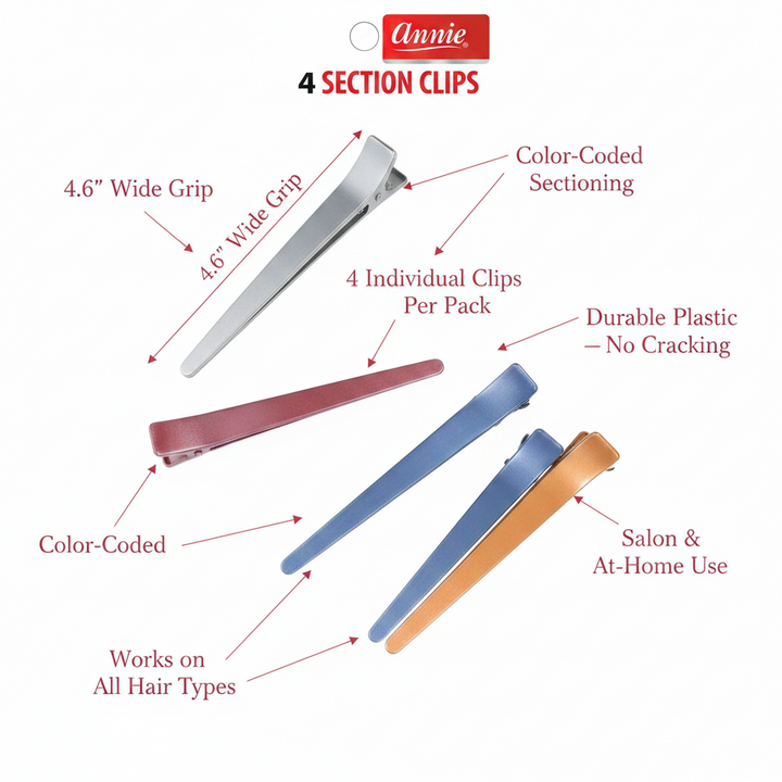 Annie Salon Section Clips 4.6 Inch, 4 Count, Assorted Colors