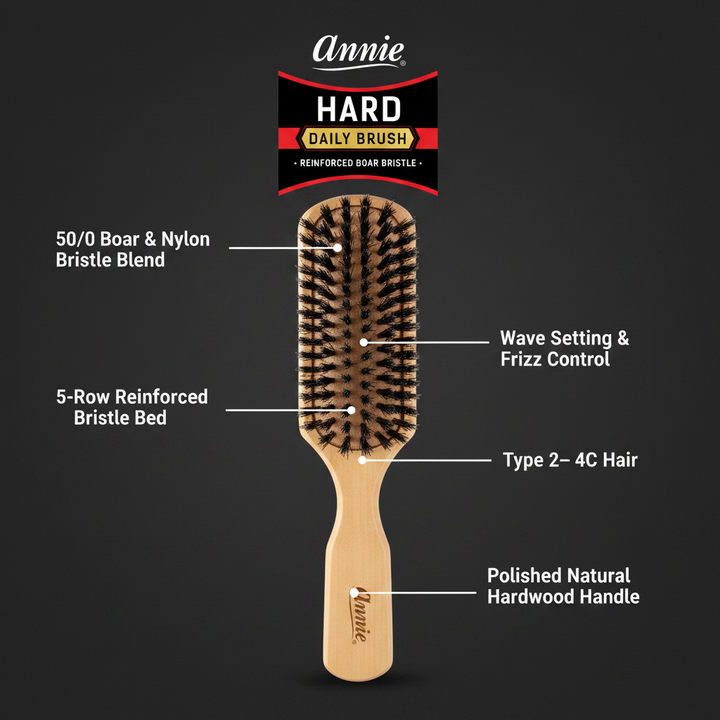 Annie Hard 5 Row Boar & Nylon Bristle Wooden Daily Brush, 1 Count, Light Brown