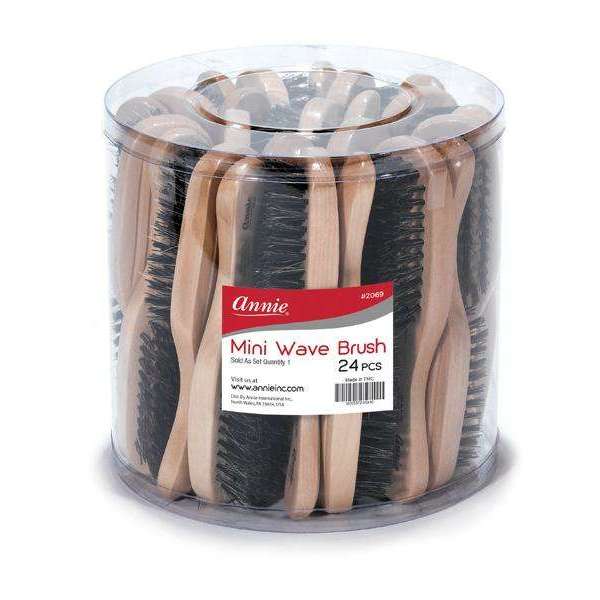 Annie Hard Mini Wave Brush Display, 24 Count Boar & Nylon Bristle, Light Brown