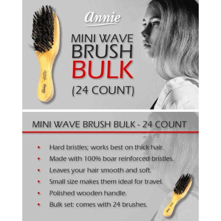 Annie Hard Mini Wave Brush Display, 24 Count Boar & Nylon Bristle, Light Brown