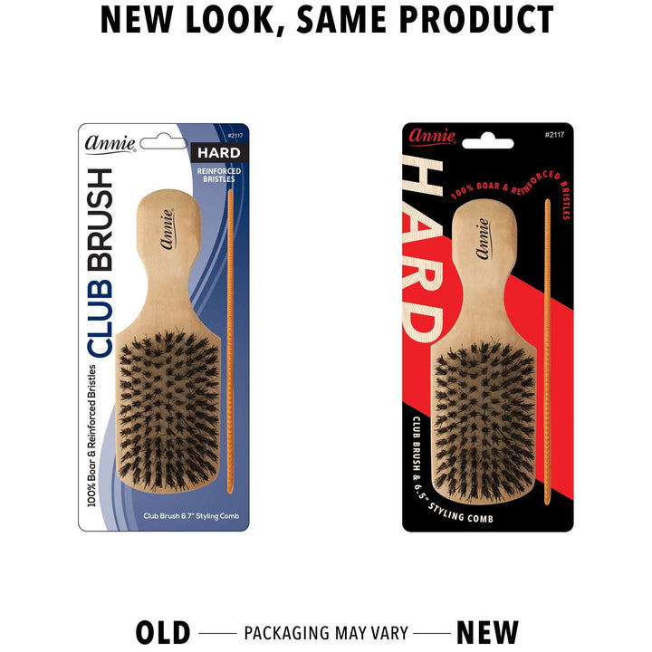 Annie Hard Wooden Club Brush & Comb Set, Boar & Nylon Bristle, Light Brown
