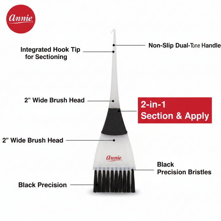 Annie Hair Tinting Brush with Hook Tip 2 Inch, 1 Count, White & Black