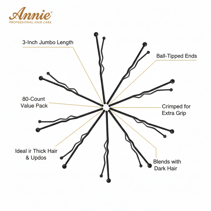 Annie Jumbo Bob Pin 3 Inch, 80 Count, Black