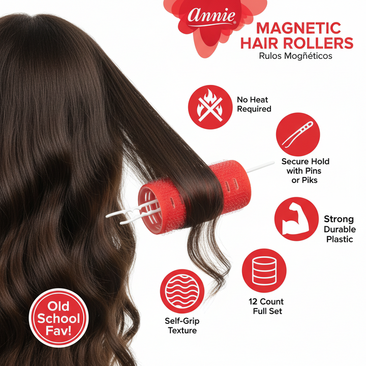 Annie Magnetic Hair Rollers 1 1/2 Inch, 12 Count, Red