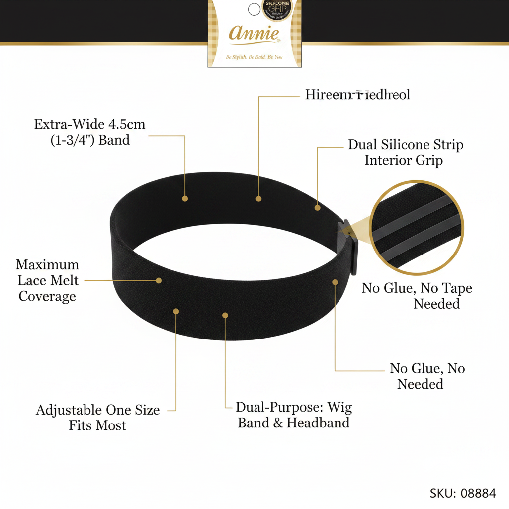 Annie Non-Slip Headband Black Silicone Lining 4.5cm Wide, 1 Count, Black