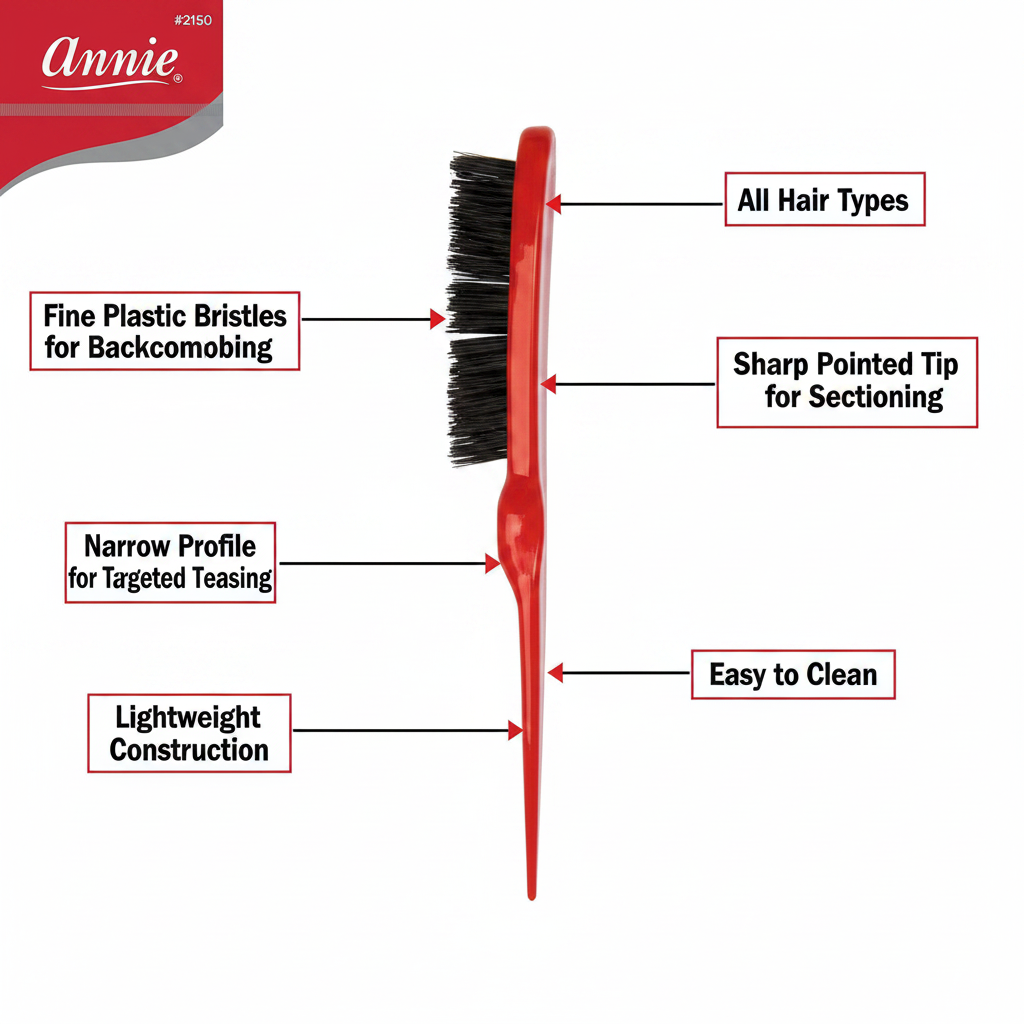 Annie Plastic Tease Brush with Pointed Tip, 1 Count, Red