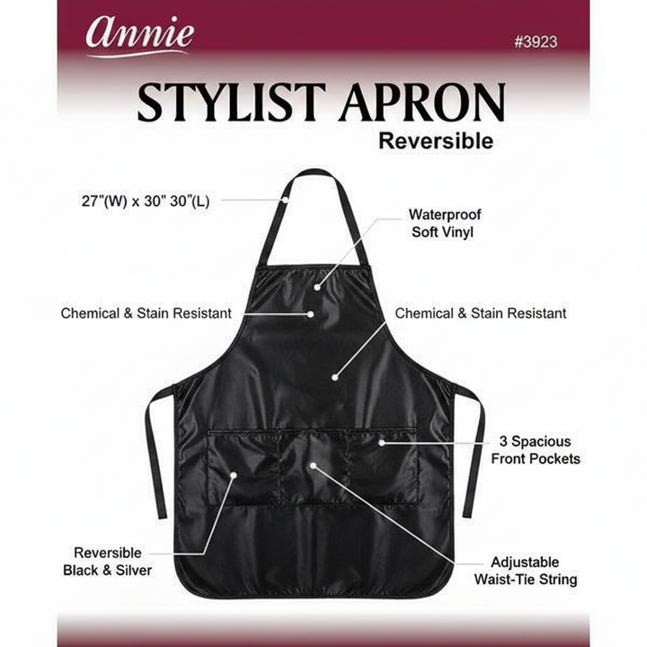 Annie Reversible Stylist Apron Waist-Tie String, 1 Count, Black & Silver