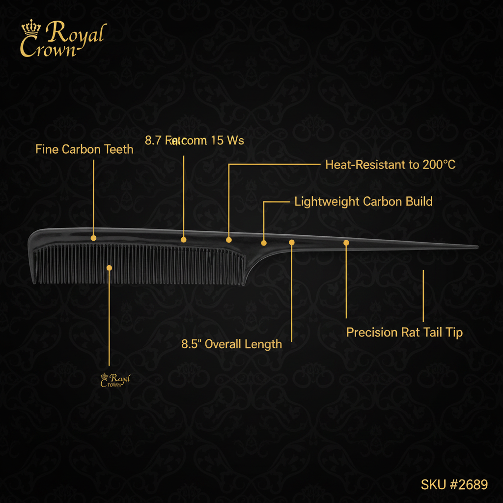 Annie Royal Crown Carbon Pro Rat Tail Comb, 8.5", 1 Count, Black