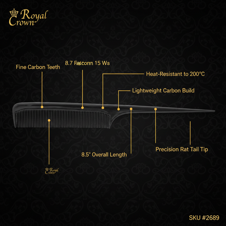 Annie Royal Crown Carbon Pro Rat Tail Comb, 8.5", 1 Count, Black