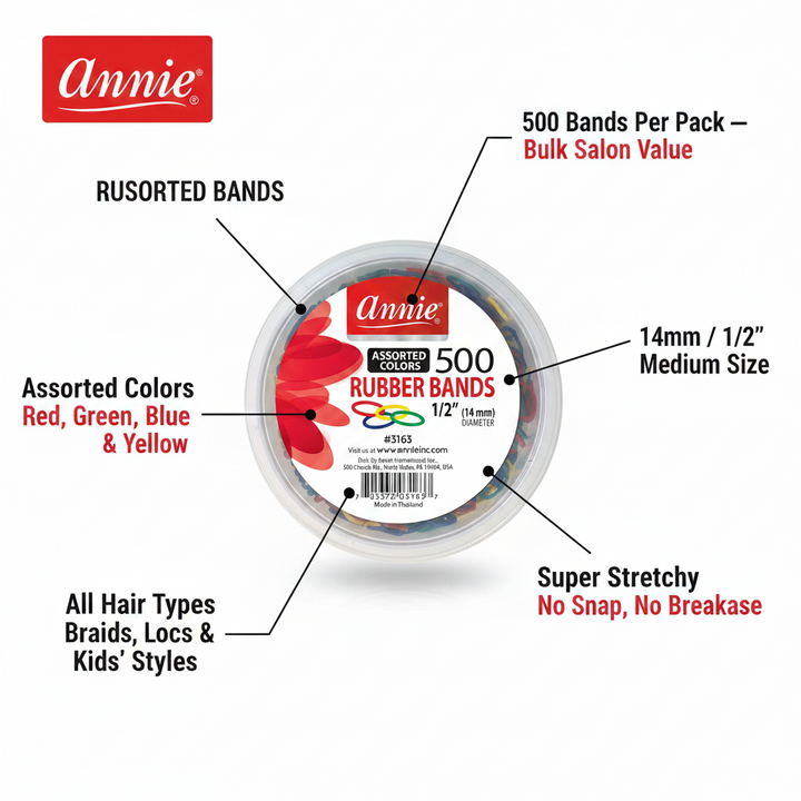 Annie Hair Rubber Bands 14mm, 500 Count, Assorted Colors