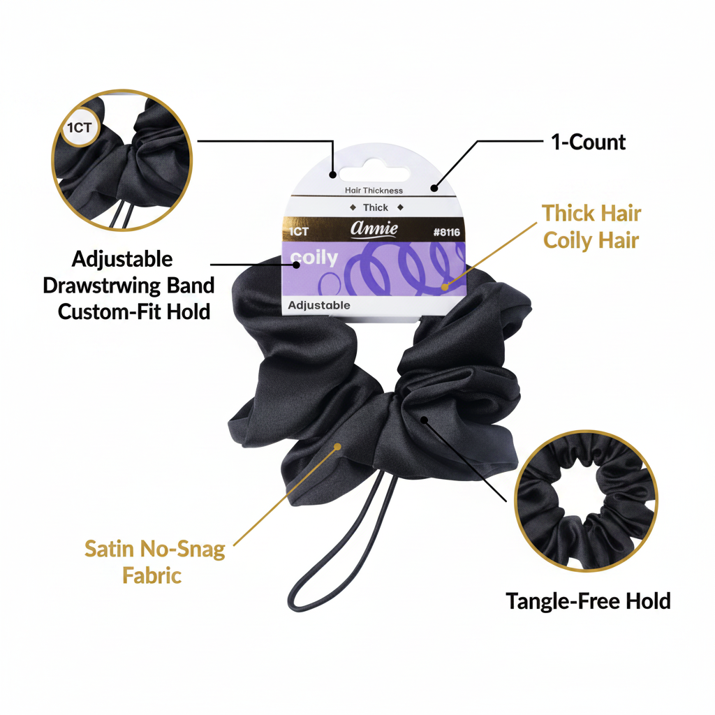 Annie Satin Adjustable Hair Scrunchie, 1 Count, Black