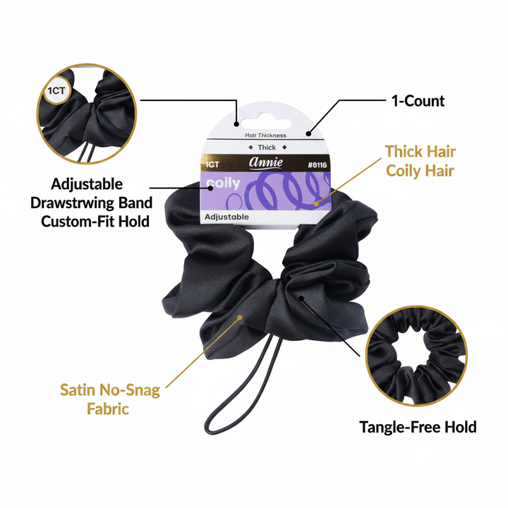 Annie Satin Adjustable Hair Scrunchie, 1 Count, Black