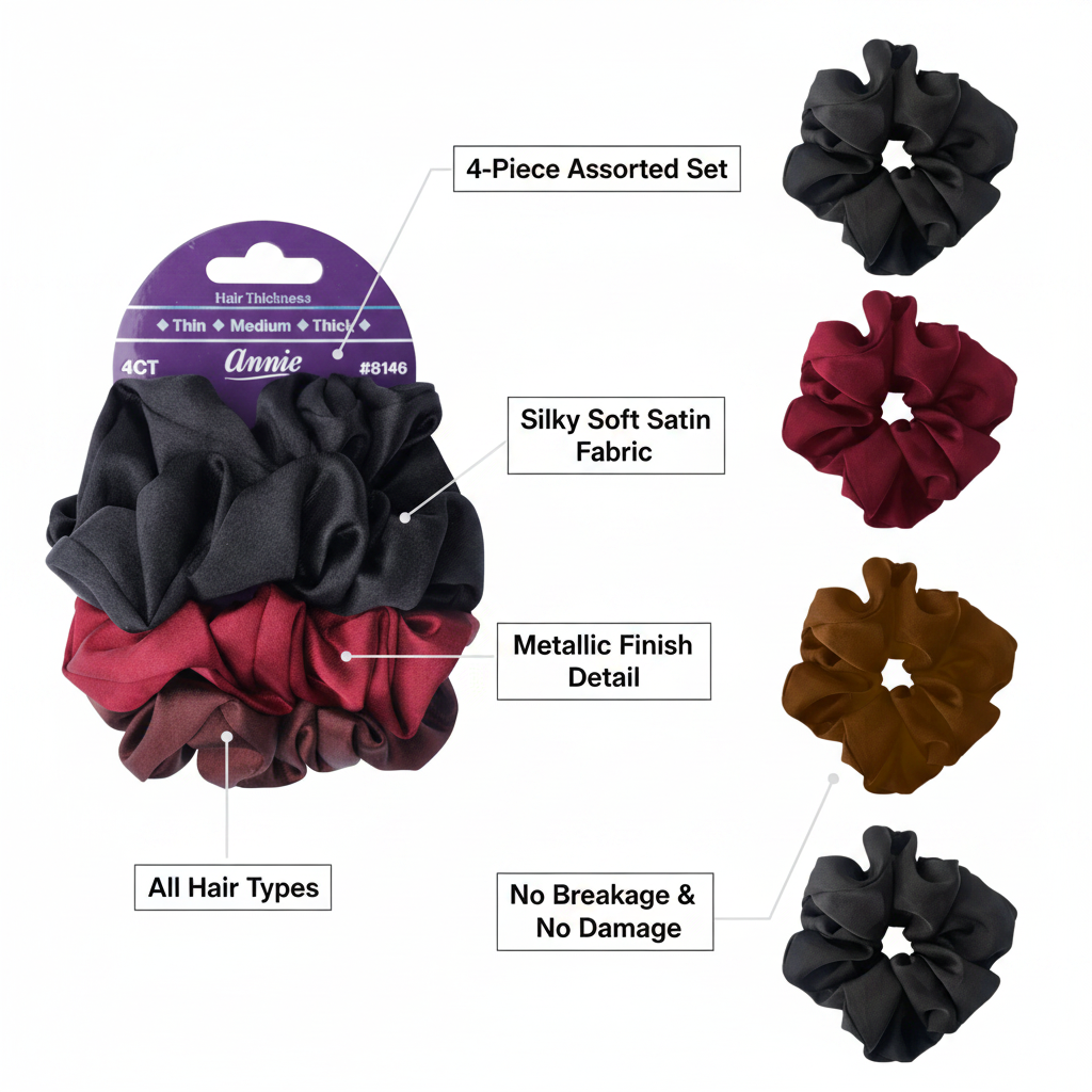 Annie Satin Scrunchies Set, 4 Count, Assorted Colors