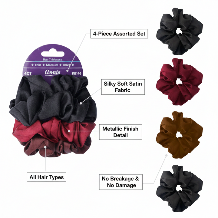 Annie Satin Scrunchies Set, 4 Count, Assorted Colors