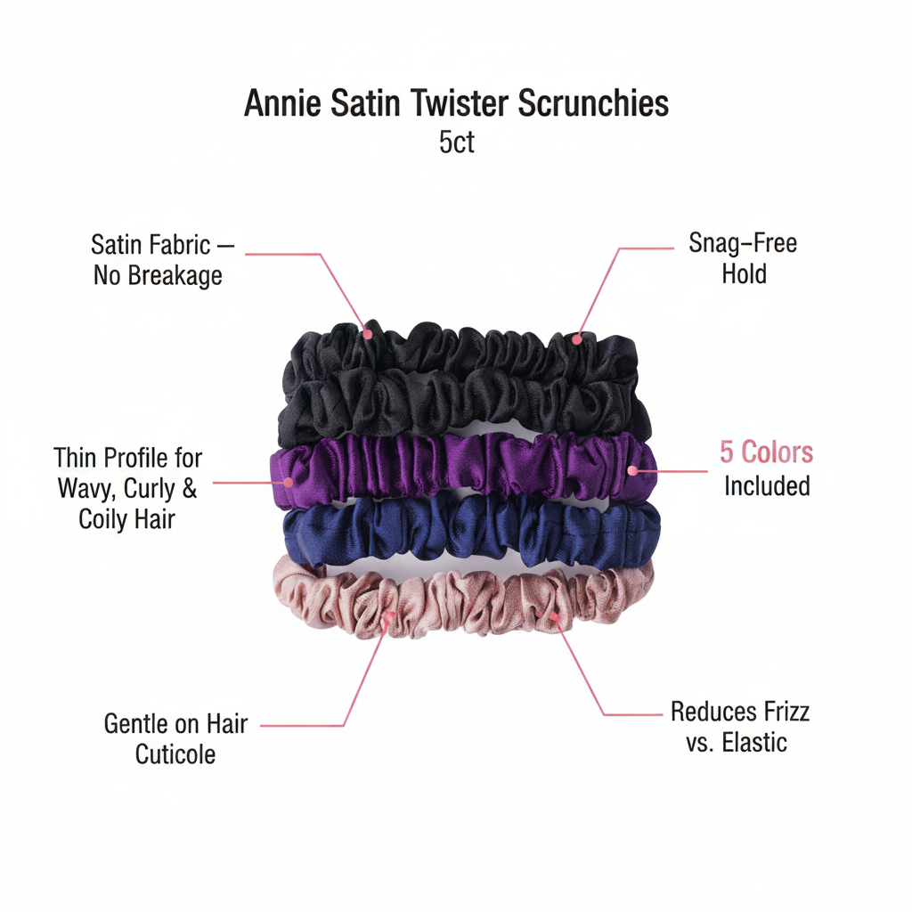 Annie Satin Twister Hair Scrunchie Thin, 5 Count, Assorted Colors