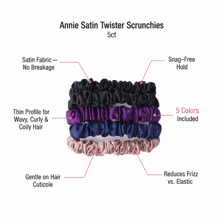 Annie Satin Twister Hair Scrunchie Thin, 5 Count, Assorted Colors