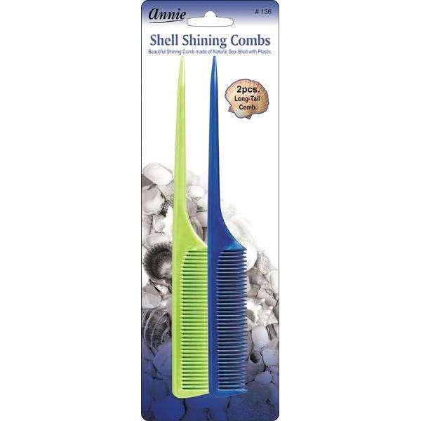 Annie Shell Shining Comb Set, 2 Count Long Tail Combs, Assorted Color