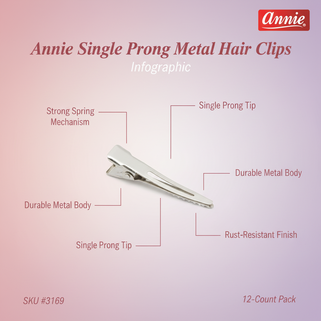 Annie Single Prong Metal Hair Clips, 12 Count, Silver