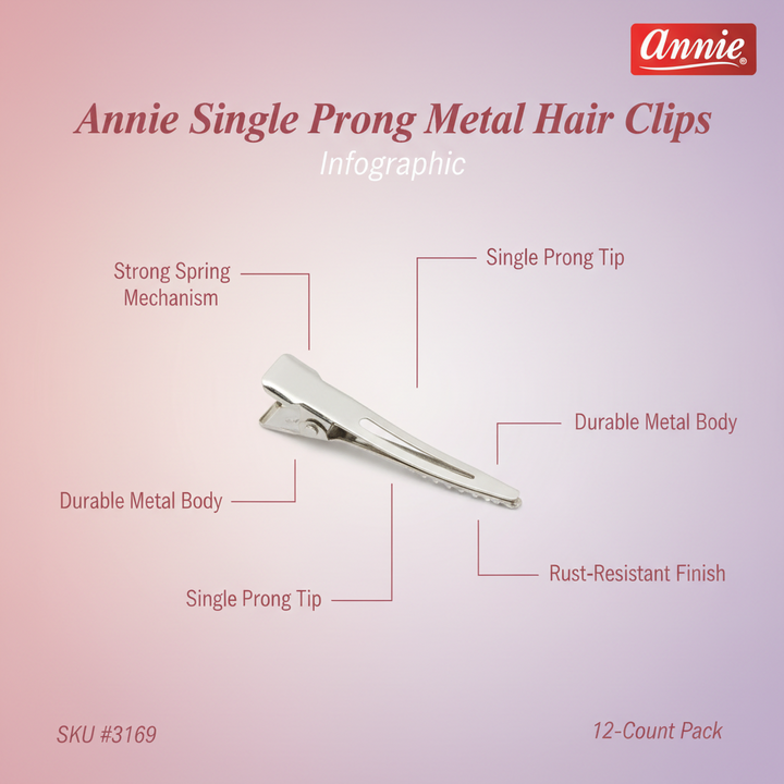 Annie Single Prong Metal Hair Clips, 12 Count, Silver