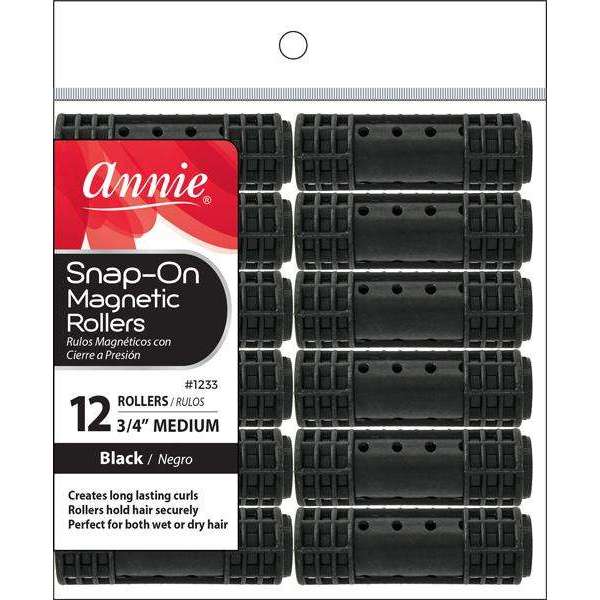 Annie Snap-On Magnetic Hair Rollers 3/4 Inch Medium, 12 Count, Black