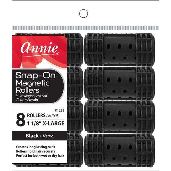 Annie Snap-On Magnetic Hair Rollers 1 1/8 Inch  X-Large, 8 Count, Black