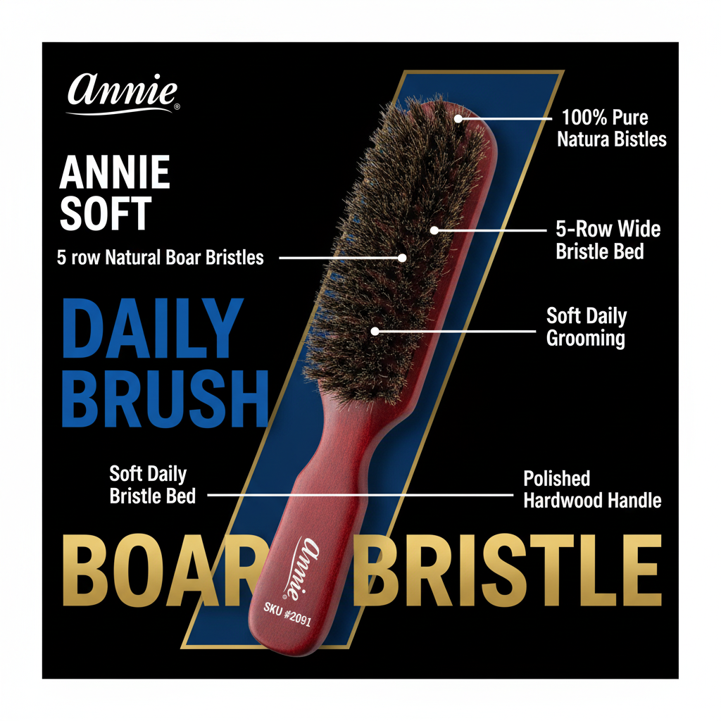 Annie Soft 5 Row 100% Boar Bristle Wooden Daily Brush, 1 Count, Dark Brown