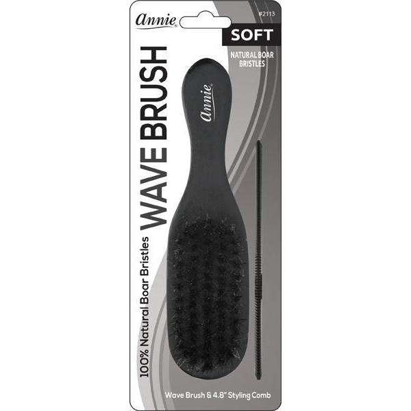 Annie Soft Mini Wooden Wave Brush & Comb Set, 100% Boar Bristle, Black