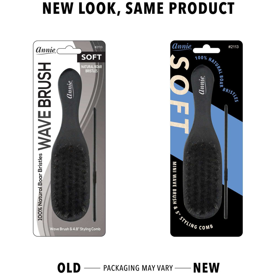 Annie Soft Mini Wooden Wave Brush & Comb Set, 100% Boar Bristle, Black