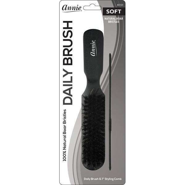 Annie Soft Wooden Daily Brush & Comb Set, 100% Boar Bristle, Black
