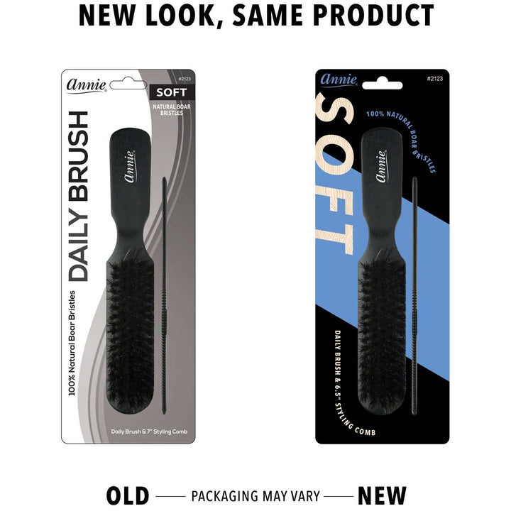 Annie Soft Wooden Daily Brush & Comb Set, 100% Boar Bristle, Black