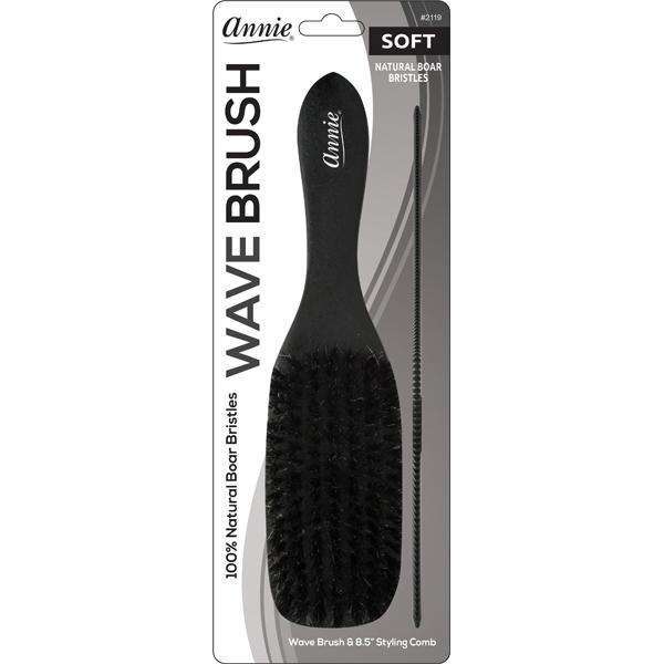 Annie Soft Wooden Wave Brush & Comb Set, 100% Boar Bristle, Black