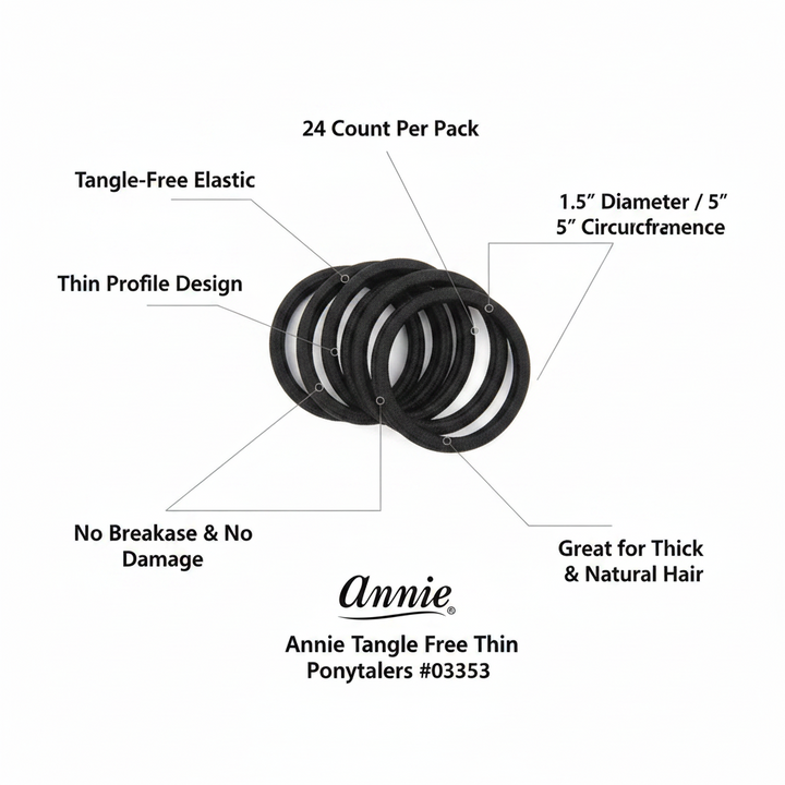 Annie Tangle Free Thin Ponytailers 5 Inch, 24 Count, Black