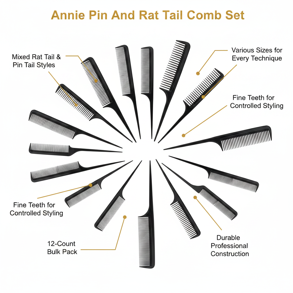 Annie Pin And Rat Tail Comb Set, 12 Count, Black