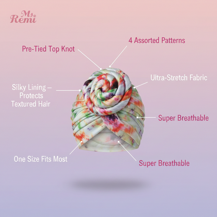 Ms. Remi Silky Top Knot Pre-Tied Turban, 1 Count, Assorted Patterns