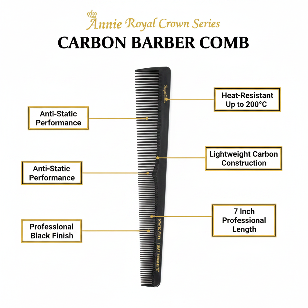 Annie Royal Crown Series Carbon Barber Comb 7 Inch, 1 Count, Black