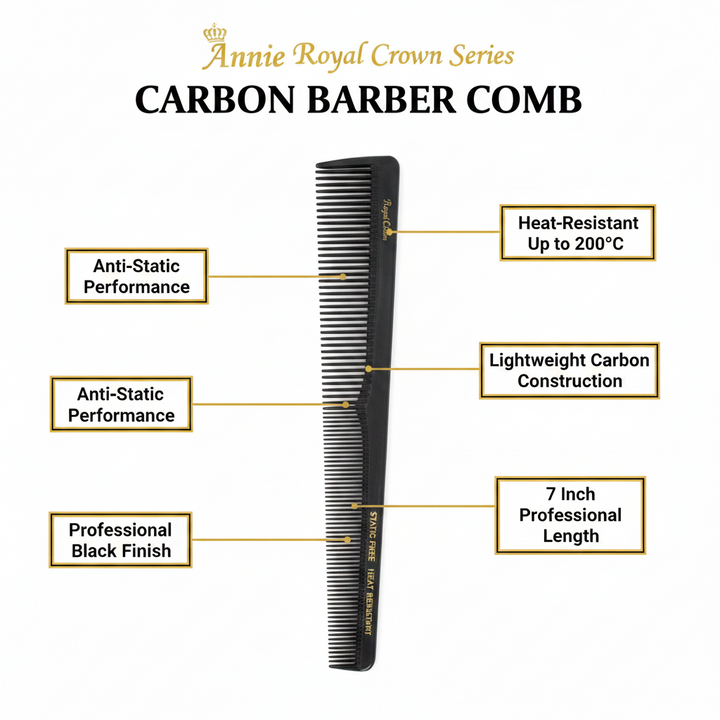 Annie Royal Crown Series Carbon Barber Comb 7 Inch, 1 Count, Black
