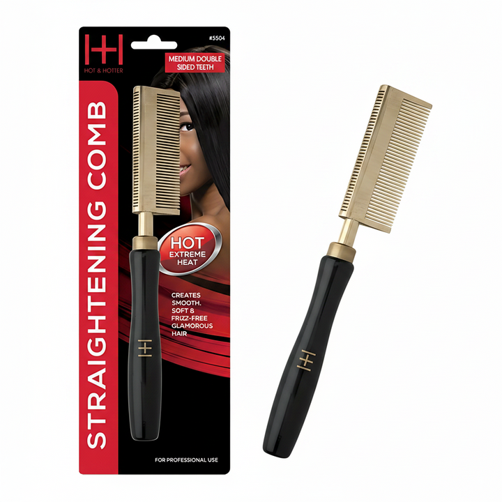 Hot & Hotter Thermal Straightening Comb Medium Teeth Double Sided, 1 Count, Black & Gold