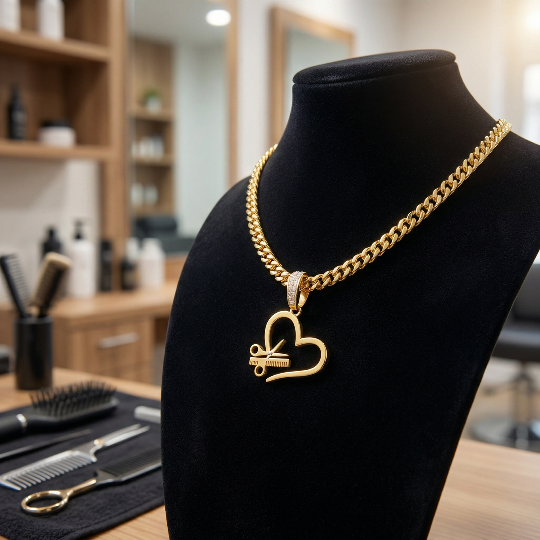 COLGANTE + CADENA DE CORAZÓN, TIJERA Y PEINE RAW N UNKUT