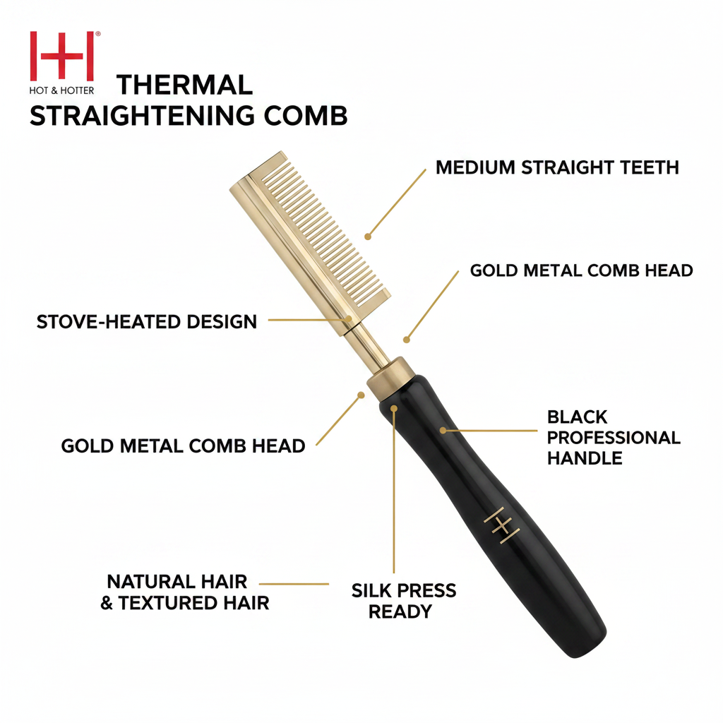 Hot & Hotter Thermal Straightening Comb Medium Teeth, 1 Count, Black & Gold